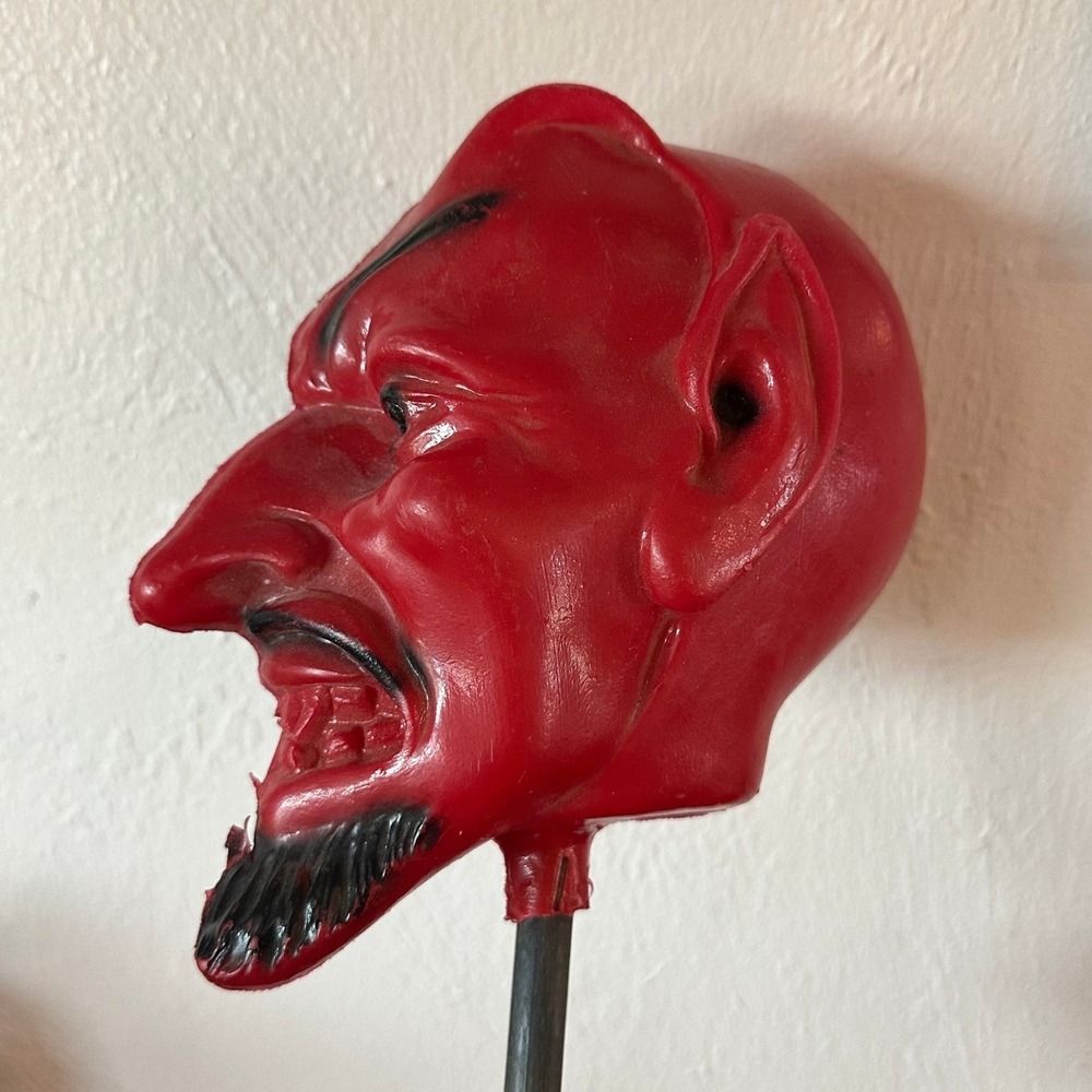 Vintage Halloween Blow Mold Red & Black‎ Devil Head on Stick Topper Parade Prop